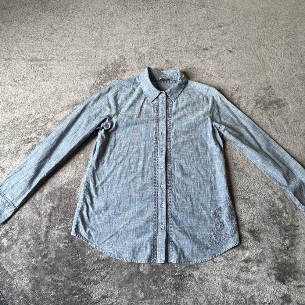 J.Jill‎ Women Blue Cotton Chambray Embroidered Button Down Shirt XS 1342066
